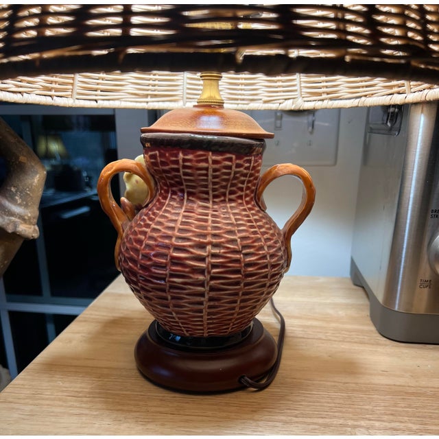 Wood Vintage Barbotine Table Lamp With Wicker Shade For Sale - Image 7 of 12