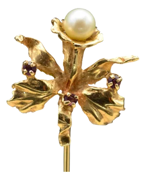 Yellow Gold Flower Pearl Stick Pin