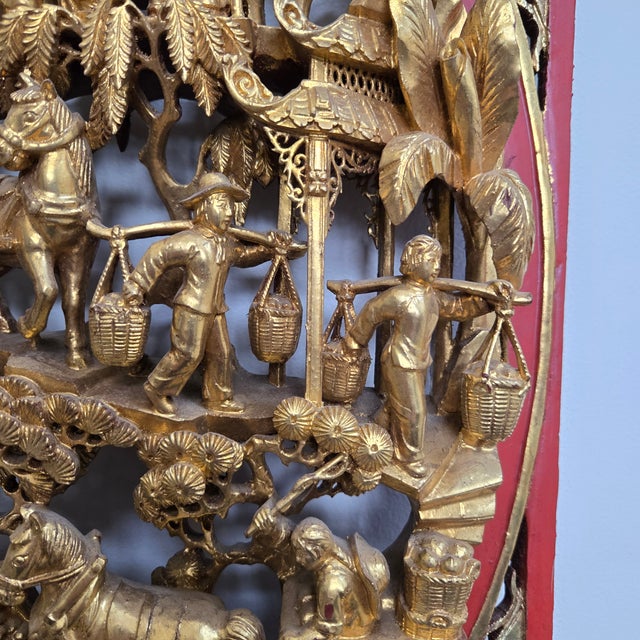 Gold Antique Chinese Giltwood Panel Relief Carving Landscape Scene Red Lacquer Borders and Back For Sale - Image 8 of 18