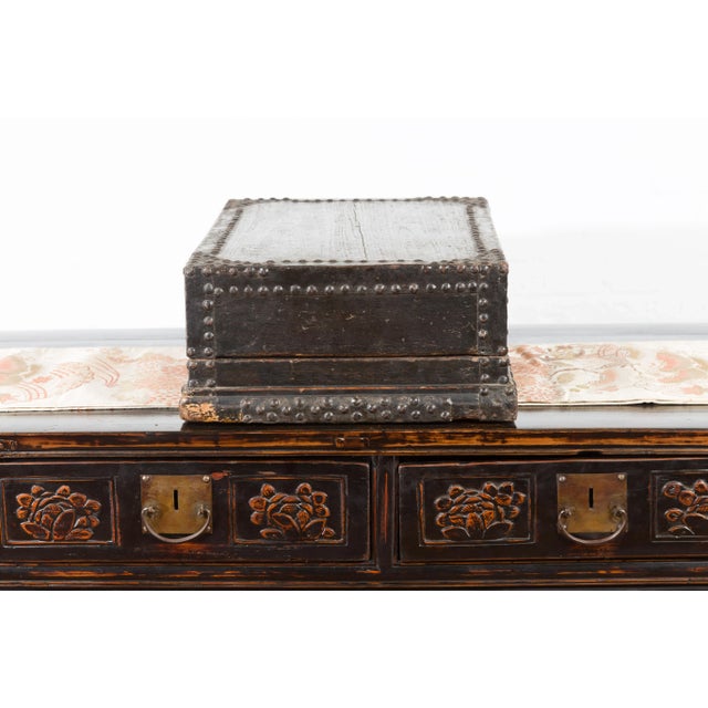 Mid 19th Century Indian 19th Century Black Box with Iron Nailheads, Braces and Rustic Patina For Sale - Image 5 of 13