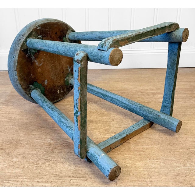 Blue Antique Primitive Farmhouse Blue Wood Round Barn Milking Stool For Sale - Image 8 of 8