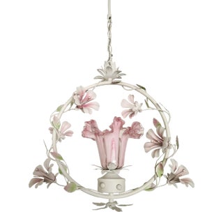 Single Murano Pink Glass Wrought Iron Pendant For Sale