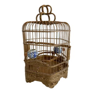 Antique Chinese Dragon-Motif Wicker Bird Cage