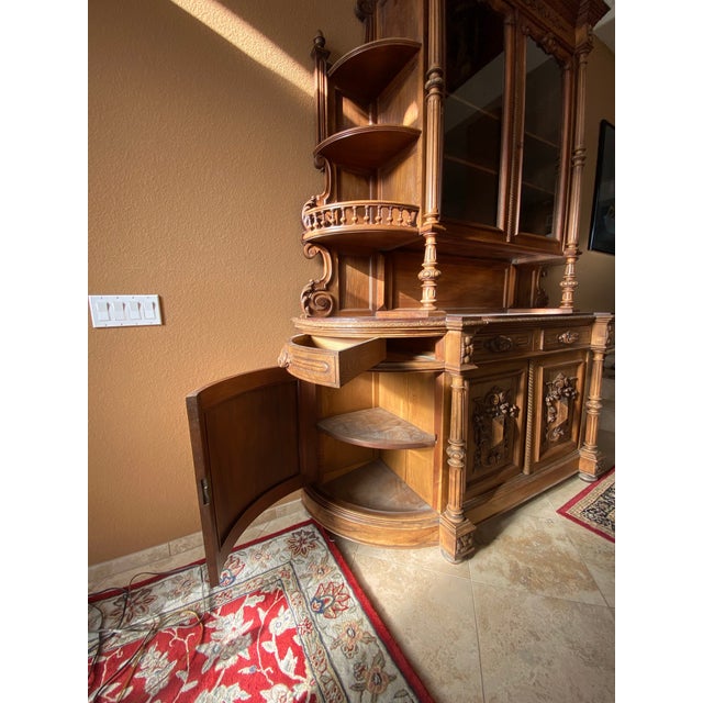 Brown Antique French Renaissance Style Heavily Carved Walnut Buffet Hutch With Glass Doors (Jg) For Sale - Image 8 of 16