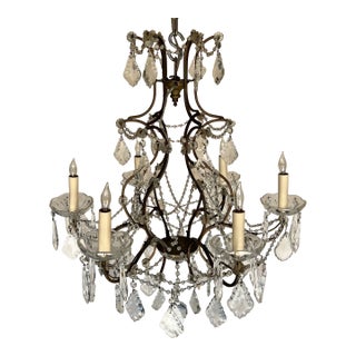 French 1920s Glass and Crystal Chandelier With Six Arms For Sale