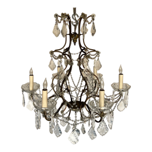 French 1920s Glass and Crystal Chandelier With Six Arms