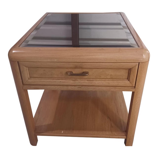 1980s Oak Mirror Glass Top Side Table With Drawer Storage For Sale