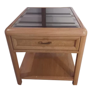 1980s Oak Mirror Glass Top Side Table With Drawer Storage