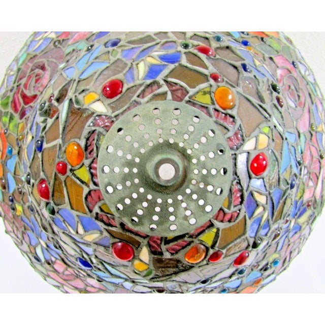Vintage Tiffany Style Stained Glass Roses Poppies Cabochons Bell Lampshade For Sale - Image 14 of 18