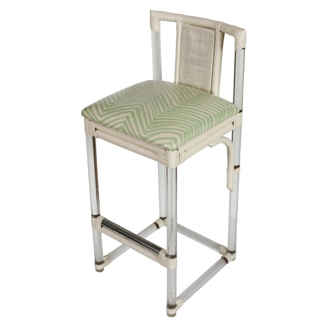 Mid-Century Modern Set of Three Mid Century Lucite and Rattan Barstools With Quadrille Laminated Upholstery For Sale - Image 3 of 4