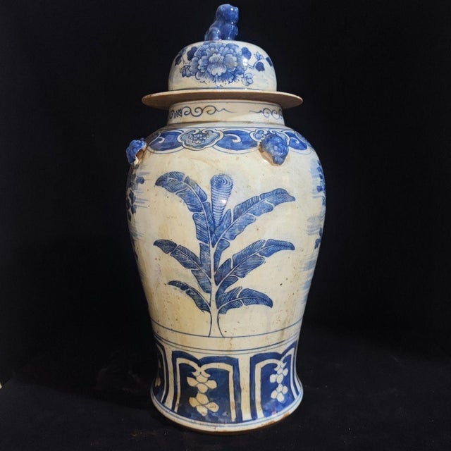 Pair of Large Chinese Blue & White Porcelain General Jars With Tiger Handles For Sale - Image 4 of 9