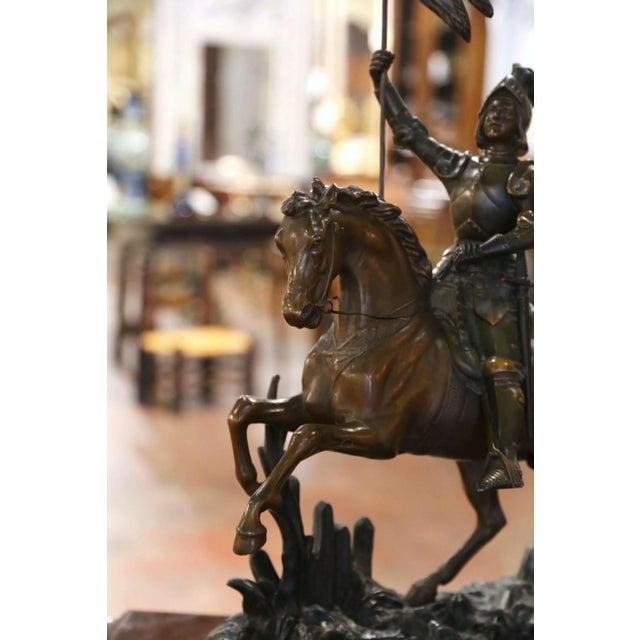 19th Century French Patinated Spelter Statue Composition "Joan of Arc on Horse" For Sale In Dallas - Image 6 of 9