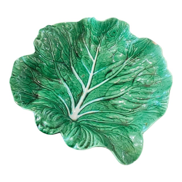 1950s Bordallo Pinheiro Portugal Cabbage Leaf Majolica Style Green Platter/Bowl For Sale
