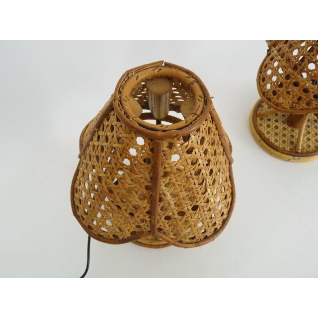 Vintage Bamboo and Rattan Lamps with Caning, 1950s, Set of 2 For Sale - Image 4 of 8