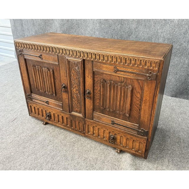 Antique Carved Oak Buffet With Metal Hardware For Sale - Image 4 of 18