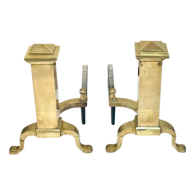 Pair Antique English Georgian Style Brass and Iron Andirons Chenets For Sale