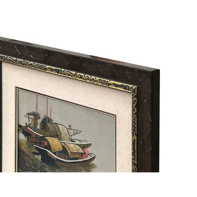 1990s Vintage Embroidery River Vessel Boats Rectangular Framed Art For Sale - Image 5 of 8
