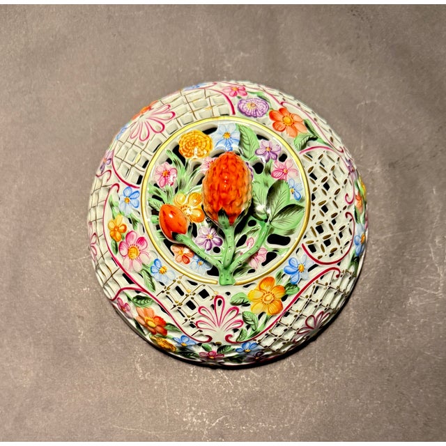 Ceramic Mid 20th Century Herend Hand-Painted Pierced Porcelain Covered Box With Floral Decoration For Sale - Image 7 of 9