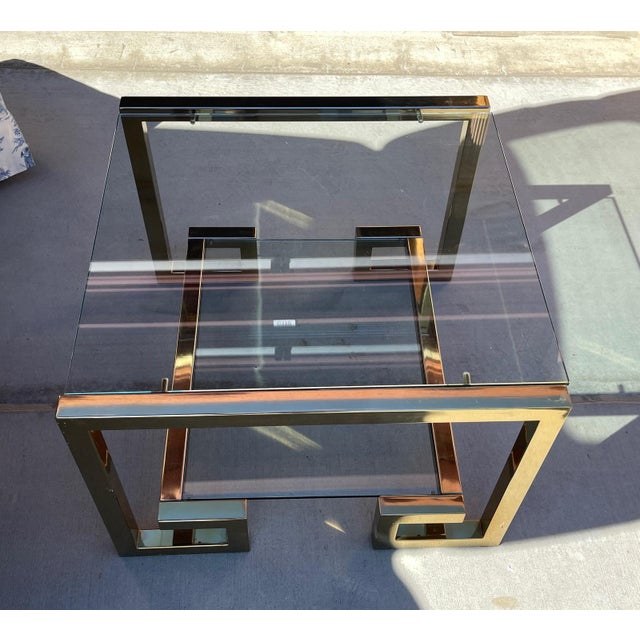 1970s Brass Greek Key Glass Top End Table Chairish