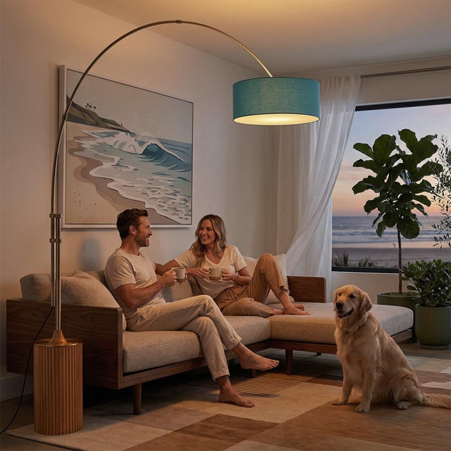 Product Type: Arc Floor Lamp, Brand: Nova of California - 100 Years Legacy, Material: Wood, Steel and Linen, Style: Mid...
