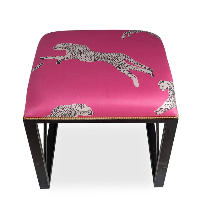 The Medallion Single Black Bench is shown with Scalamandre's whimsical "Leaping Cheetah" fabric in bubblegum pink. We have...