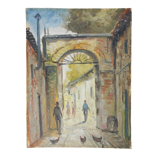 Vintage Continental School Morning Street Scene Painting For Sale