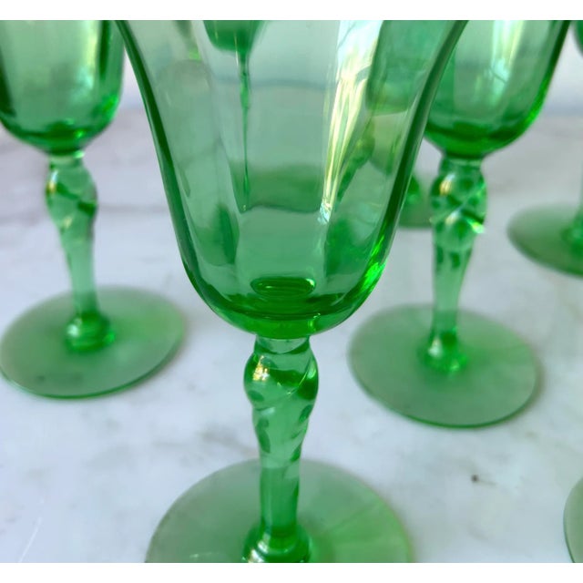 1920s Steuben Pomona Green Uranium Glass Optic Rib Goblets (Shape 2361) by Frederick Carder - Set of 8 For Sale In Los Angeles - Image 6 of 12