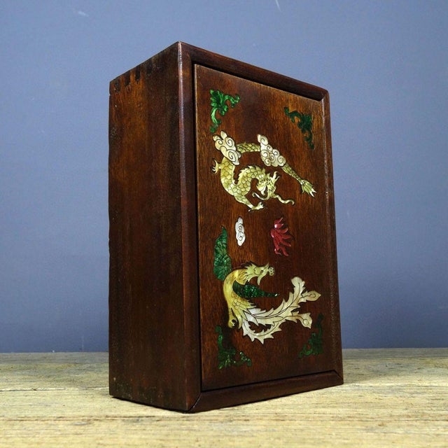 1980s Wooden Keepsake Box With Dragon Phoenix Mother of Pearl Inlay, Chinoiserie Tabletop Storage For Sale - Image 4 of 9