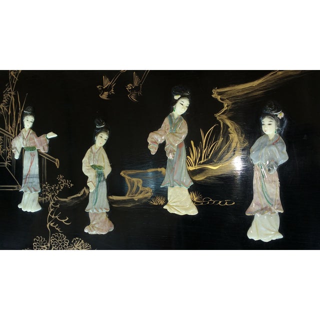 Antique Chinoiserie Black Accent Table Asian Design Geisha Glass Top For Sale - Image 9 of 14
