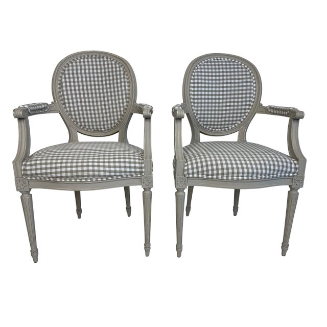 Pair of Louis XVI grey painted fauteuils/armchairs newly re-upholstered in grey gingham fabric with oval backs, padded...