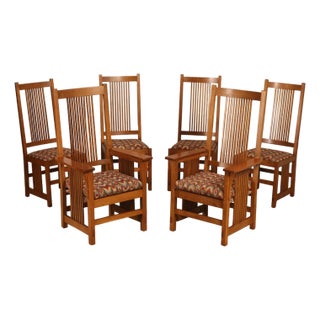 Stickley Mission Collection Set Of Six Oak High Back Spindle Dining Chairs For Sale