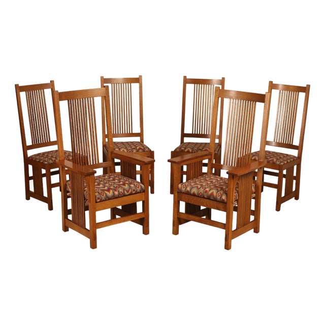 Stickley Mission Collection Set Of Six Oak High Back Spindle Dining Chairs For Sale