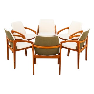Restored 1970s Danish Modern Henning Kjaernulf Dining Chairs in Teak and Leather For Sale