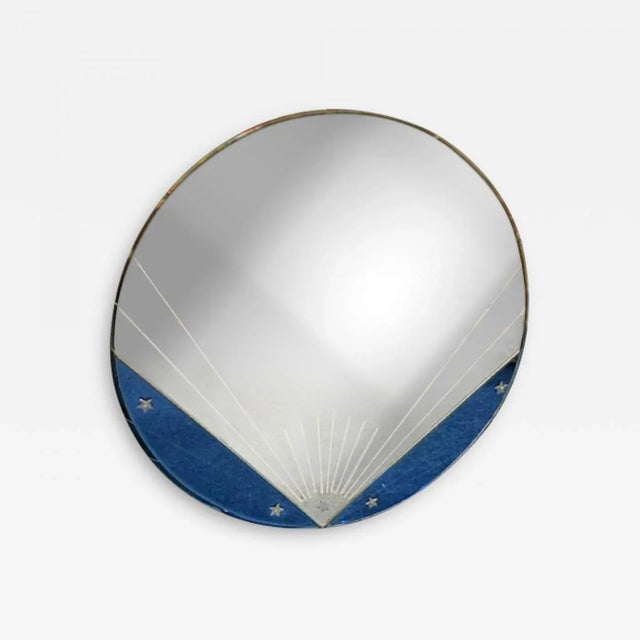 1930s Art Deco Clear & Blue Round Mirror With Star Accents For Sale - Image 10 of 10