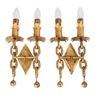 1950s Spanish Mid-Century Gold Leaf Iron 2-Light Sconces - A Pair For Sale