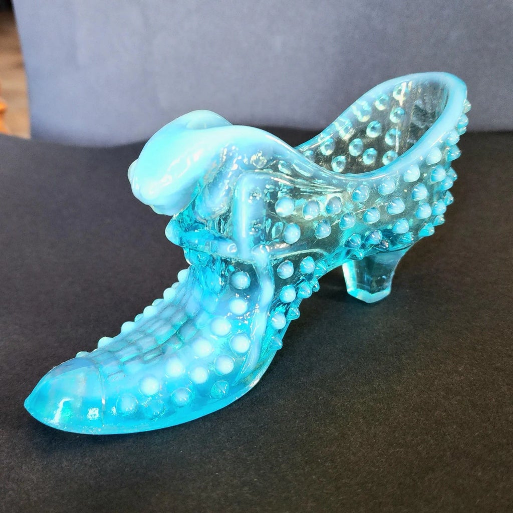 Vintage Fenton Hobnail Cat Head Art Glass Slipper Shoe, Turquoise 
