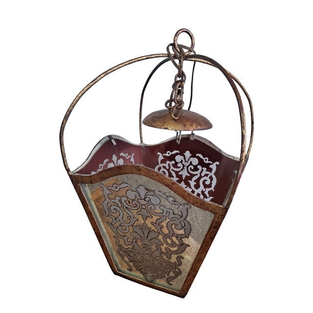 Baroque Hanging Lantern in Acid-Etched Glass and Bordeaux Sheet Metal, 1890s For Sale