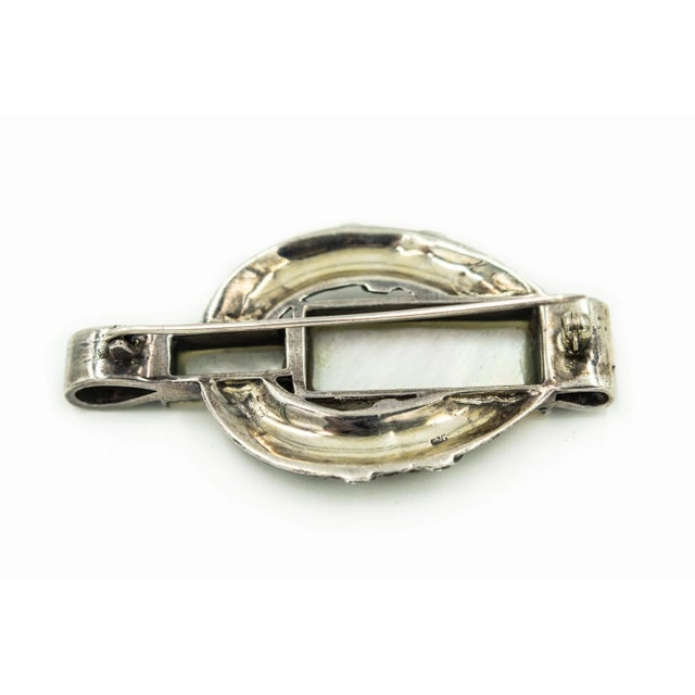 Art Deco Style Marcasite Mother of Pearl Sterling Silver Brooch Earrings Suite - 3 Pieces For Sale - Image 4 of 8