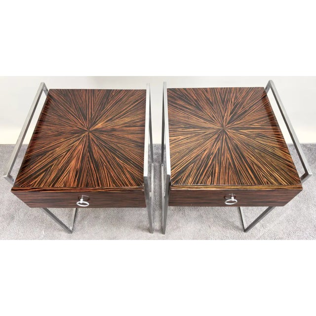 Mid-Century Modern Mid-Century Modern Macassar Zebra Design & Iron Nightstand or End Table, a Pair For Sale - Image 3 of 12