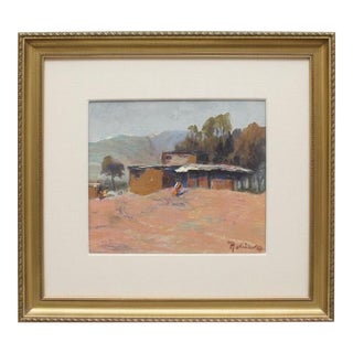 Southwest Mountain Landscape Adobe House Signed Oil Painting in Gilt Frame For Sale