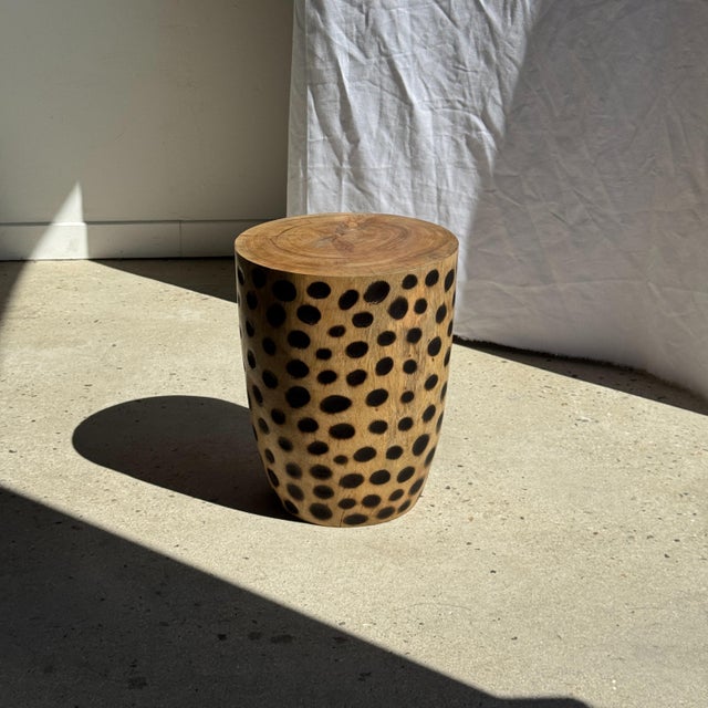 Contemporary Vintage Side Table in Cylindrical Mango Wood and Leopard Print, 1980s For Sale - Image 3 of 11