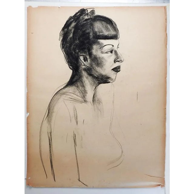 Vintage charcoal on paper female portrait study by Geneva Flores Hart Fell (1906-2008) Texas, circa 1950s. Unsigned, from...