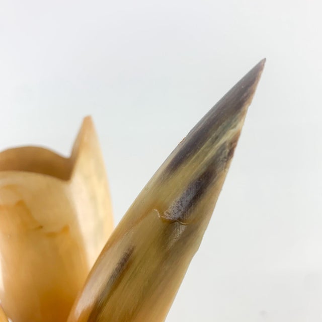 Nice vintage handmade wall hanging from polished horns. Carved scalloped edges. Hole in back to hang. Nice western look....