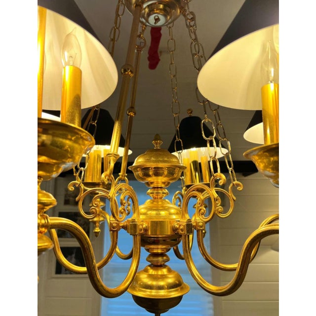 18 Light Chandelier French Country Bouillotte Brass With Ebony Tole Shades For Sale - Image 4 of 8
