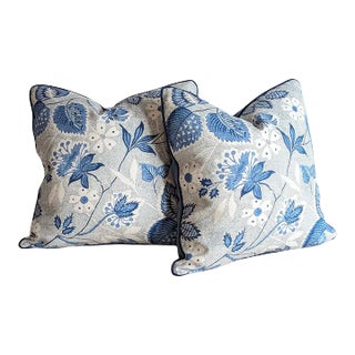 Thibaut Indienne Hazel Blue Pillows With Navy Cord- Set of 2 For Sale