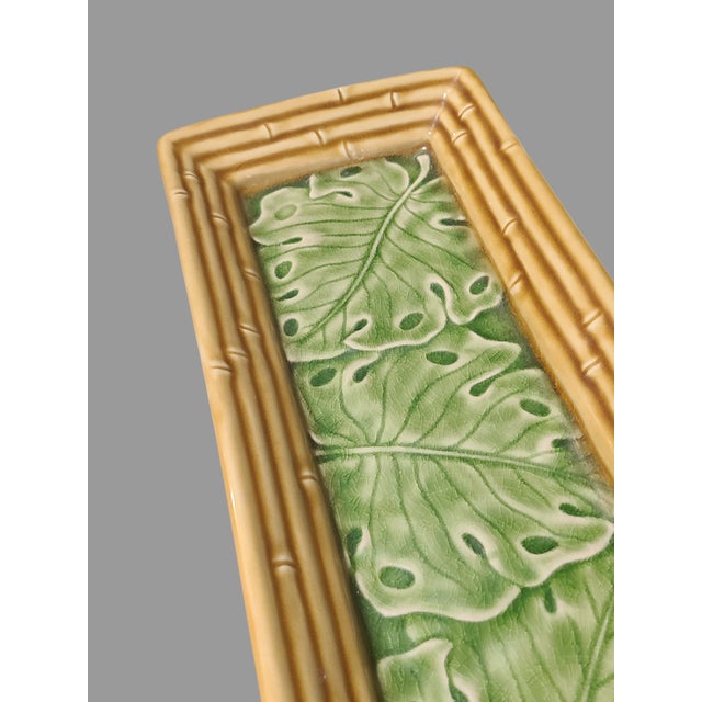 Late 20th Century Late 20th Century Monterey Tropical Majolica Bamboo & Green Monstera Leaf Pattern Hors D Oeuvres Dessert Tray Platter For Sale - Image 5 of 7
