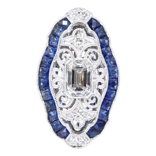 Elegant 18k White Gold Natural Diamond and Blue Sapphire Ring, Size 6.25 For Sale