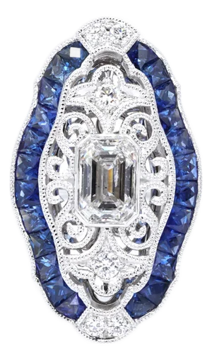 Elegant 18k White Gold Natural Diamond and Blue Sapphire Ring, Size 6.25