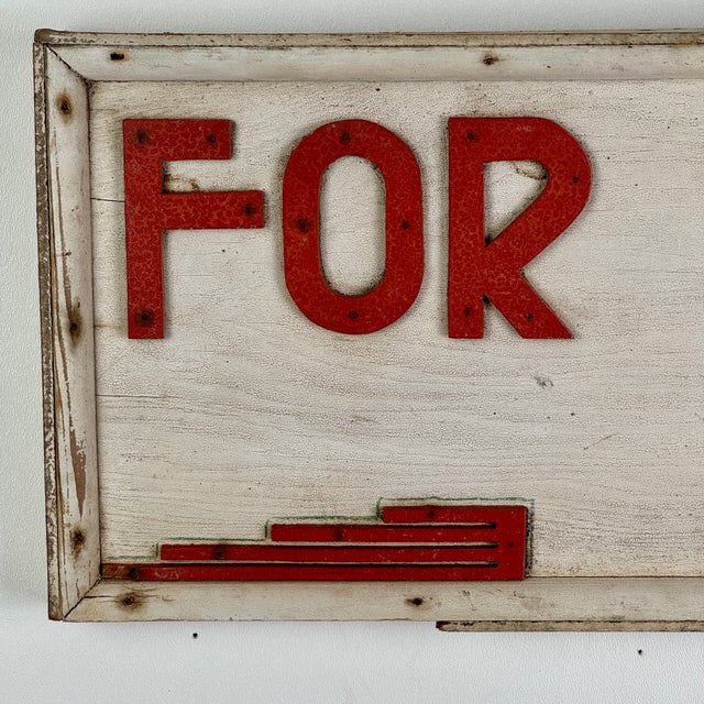 Wood Vintage Art Deco Period Wood "For Rent" Sign in Bright Red Lettering and Design Motif For Sale - Image 7 of 8