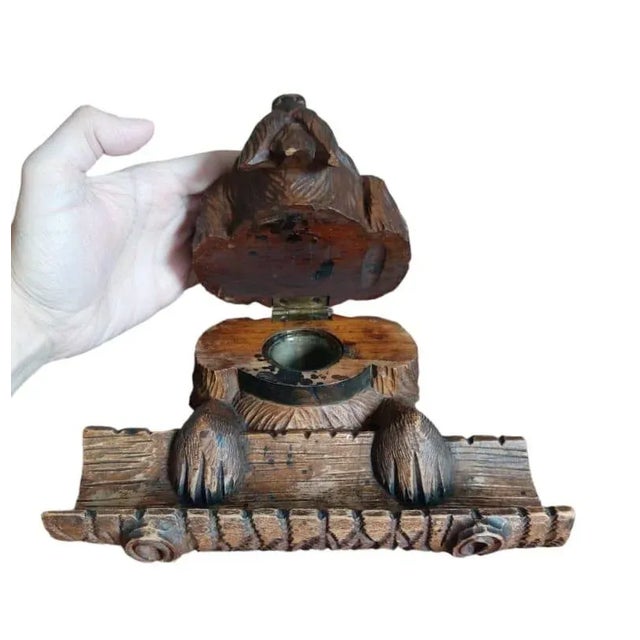 Black Forest inkwell with a carved dog with Glass eyes, walnut wood Massive for category inkwell Dog Form desk decorations...